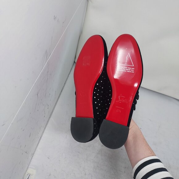 Christian Louboutin Black Velvet Bejeweled Sweet Jane Buckle Flat Shoe - Picture 2 of 12
